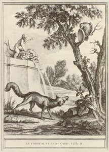 Kettu ja varis, Jean de la Fontainen teoksesta Fables Choisies, mises en vers, kaiverrus Charles Nicolas Cochin, julkaistu 1755-1759